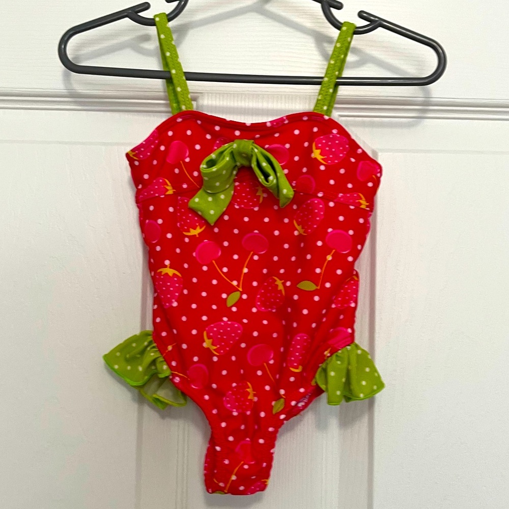 Baby Girl One Piece Swimsuit. Strawberries. Polkadot. Pink and Lime Green.
